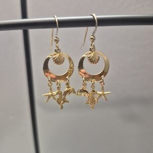 Gold Ocean-Themed Dangle Earrings